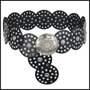 Western Boho Cowgirl Wide Disc Belt Turquoise Concho Faux Leather Adjustable